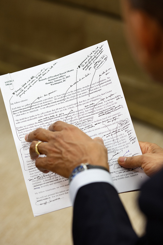 President Barack Obama works on his inaugural address with Jon Favreau, Director of Speechwriting, not pictured, in the Oval Office, Jan. 16, 2013. (Official White House Photo by Pete Souza)  Click to view it at Flickr