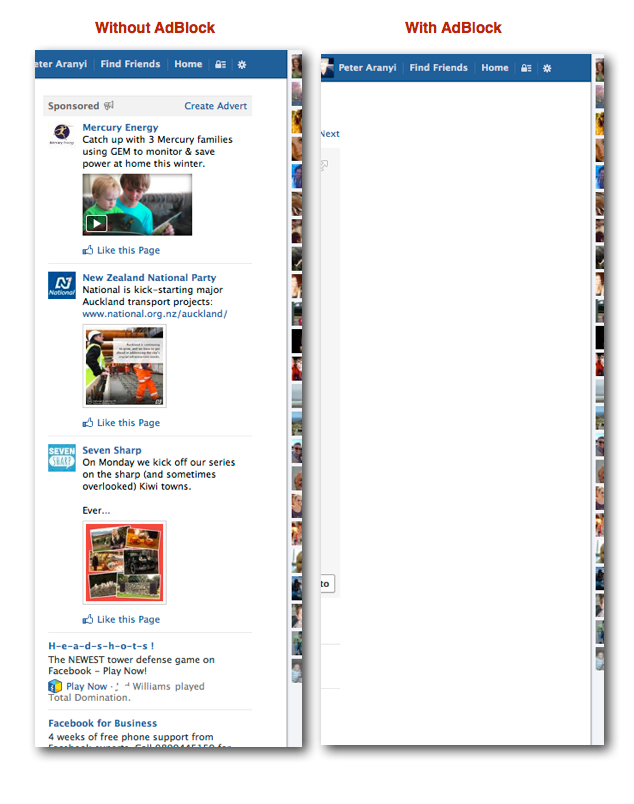 2x FaceBook with and without AdBlock